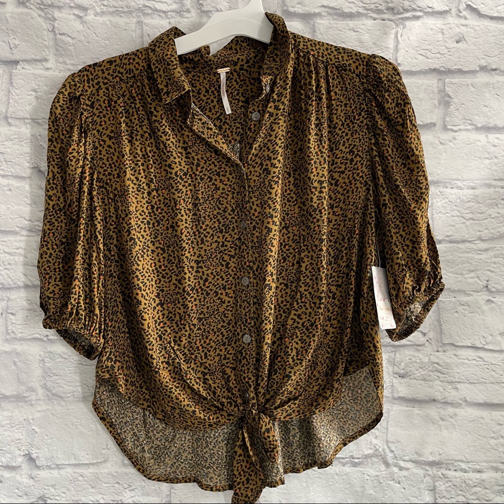 NEW WITH TAGS FREE PEOPLE FATIGUE COMBO LEOPARD CROP SHIRT SMALL BROWN